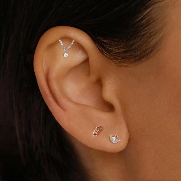 Silver Tassel Chain Dainty Cubic Zirconia Cartilage Earring with Flat Screw Back - Picture 2 of 6